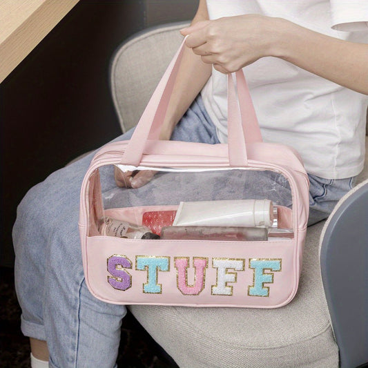 Transparent Letter Pattern Makeup Bag With Handle, Lightweight Portable Waterproof Travel Essentials Large Capacity Cosmetic Bag Zipper Pouch